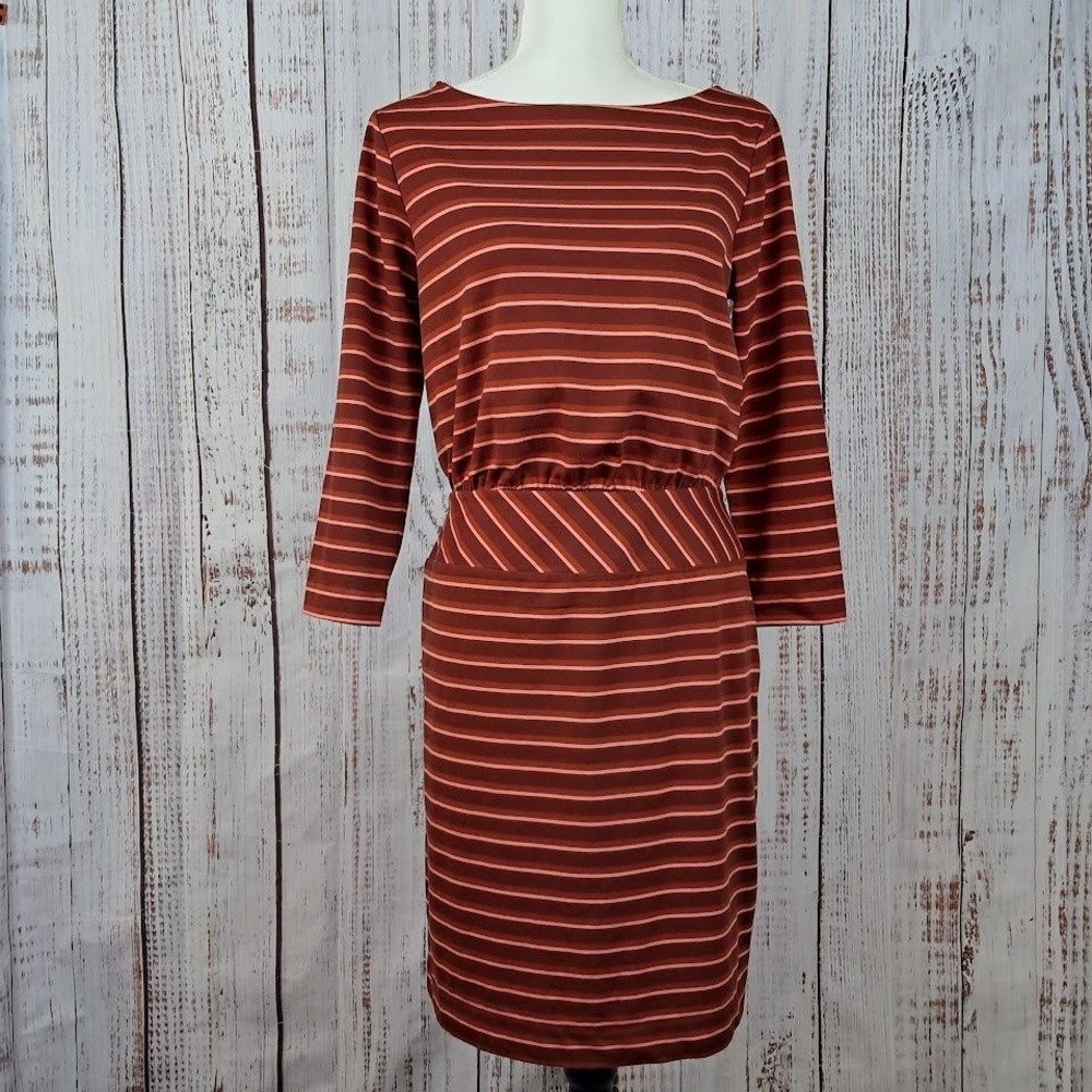 LL Bean Signature 6 Rust Striped Dress Boat Neck 3/4 Sleeve Knee Length Jersey‎